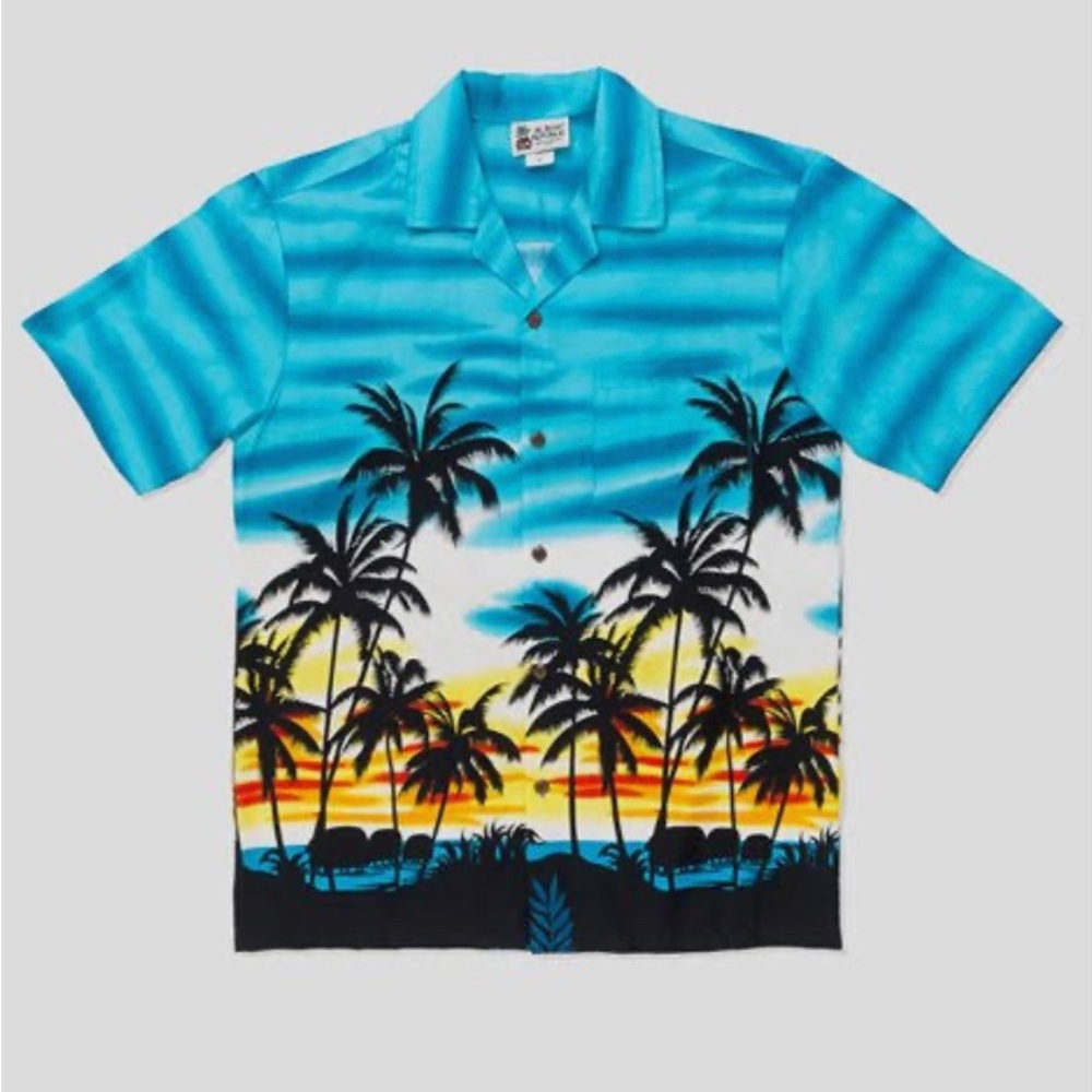 Aloha Republic Skyscraping Palms Blue Cotton Men's Hawaiian Shirt Large
